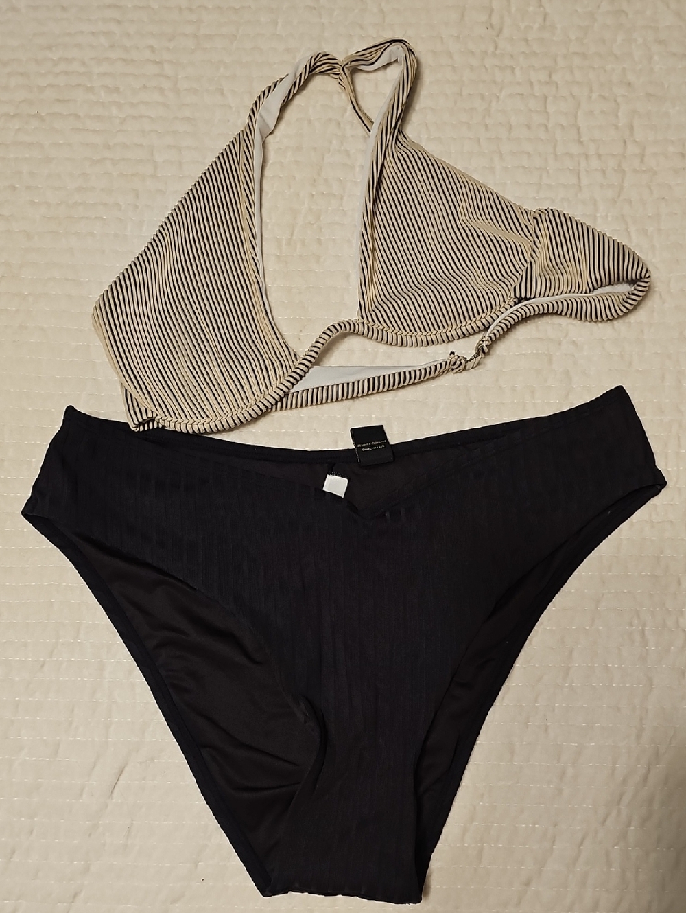 Striped Three-Piece Bikini Set in Black and Cream